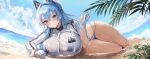  1girl absurdres barefoot beach bikini blue_bikini blue_eyes blue_hair blush braid breasts day full_body gloves goddess_of_victory:_nikke helm_(aqua_marine)_(nikke) helm_(nikke) hido_(cherryhido) highres huge_breasts jacket long_hair long_sleeves lying official_alternate_costume on_side outdoors parted_lips see-through_clothes see-through_jacket solo swimsuit thighs water wet white_gloves white_jacket 