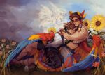  1girl 2boys alternate_costume angel black_pants brown_hair cloud commentary couple dinosaur_boy dinosaur_tail elmariana english_commentary feathered_wings flower grass halo headwear_request highres hug implied_death juanaflippa male_focus minecraft_youtube multiple_boys outdoors painterly pants pointy_ears quackity_smp sharkbiitezz shirt short_hair sky slimecicle sunflower tail topless_male tribal white_shirt wings yaoi 