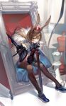  1girl amiya_(arknights) amiya_(guard)_(arknights) animal_ears arknights bangs bishop_(chess) blue_eyes blue_footwear blurry blurry_background brown_hair brown_legwear cape chess_piece commentary crown full_body fur-trimmed_cape fur_trim hand_on_hilt hands_clasped hands_up highres holding holding_sword holding_weapon king_(chess) kumatangent long_hair looking_at_viewer mechanical_arms own_hands_together pantyhose parted_lips picture_frame rabbit_ears shoes single_mechanical_arm sitting solo sword thigh_strap weapon white_cape 