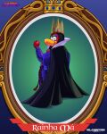 absurd_res anthro apple artist_name avian bird black_cape black_clothing blue_clothing blue_dress cape clothing club_penguin crown dress female food fruit grimhilde headgear hi_res holding_apple holding_food holding_fruit holding_object magic_mirror_(disney) penguin plant relampago686 snow_white_and_the_seven_dwarfs solo text