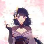  1girl bangs blurry blurry_background blush braid breasts bridal_gauntlets cherry_blossoms cleavage closed_mouth commentary english_commentary genshin_impact hair_ornament harehade highres holding holding_petal japanese_clothes kimono light_particles long_hair medium_breasts obi obiage obijime petals purple_eyes purple_hair raiden_(genshin_impact) ribbon sash simple_background solo sparkle tassel 