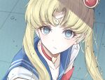  1girl bangs bishoujo_senshi_sailor_moon blonde_hair blue_eyes blue_sailor_collar bright_pupils choker crescent crescent_earrings derivative_work diadem earrings eyebrows_visible_through_hair heart heart_choker hegata_(hegatia_lapis) highres jewelry long_hair looking_at_viewer magical_girl open_mouth red_choker sailor_collar sailor_moon sailor_moon_redraw_challenge sailor_senshi_uniform screencap_redraw solo tsukino_usagi twintails upper_body white_pupils 