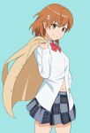  1girl asymmetrical_bangs blazer blue_background bow bowtie brown_eyes brown_hair buttons closed_mouth collared_shirt commentary cowboy_shot flower grey_skirt hair_between_eyes hair_flower hair_ornament hand_on_own_hip hand_up holding holding_jacket holding_unworn_clothes jack-barro jacket long_sleeves looking_at_viewer medium_hair miniskirt misaka_mikoto navel open_clothes open_jacket partially_unbuttoned plaid_clothes plaid_skirt pleated_skirt red_bow red_bowtie school_uniform shirt short_sidelocks simple_background skirt smile solo standing stomach toaru_kagaku_no_railgun toaru_majutsu_no_index tokiwadai_school_uniform unworn_jacket white_flower white_shirt winter_uniform 