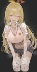  1girl absurdres blonde_hair blue_archive blush breasts brown_sweater_vest cleavage collared_shirt commentary cropped_legs dark_background elbow_gloves exhausted gloves grey_skirt halo hands_on_own_knees highres large_breasts leaning_forward long_hair looking_at_viewer miniskirt open_mouth orange_halo pjkka pleated_skirt school_emblem school_uniform shirt shokuhou_misaki short_sleeves simple_background skirt solo sparkling_eyes spider_web_print star_halo summer_uniform sweat sweater_vest thigh_gap thighhighs toaru_kagaku_no_railgun toaru_majutsu_no_index tokiwadai_school_uniform v-neck very_long_hair white_gloves white_shirt white_thighhighs yellow_eyes zettai_ryouiki 