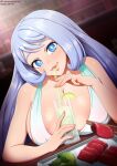  1girl alternate_costume areola_slip areolae bangs bar blue_eyes blurry blurry_background blurry_foreground blush boku_no_hero_academia breast_rest breasts chopsticks cleavage commentary cup dress drink drinking drinking_straw dutch_angle english_commentary eyelashes food hadou_nejire head_tilt holding holding_cup indoors large_breasts light_blue_hair lime_slice lips long_hair looking_at_viewer neocoill parted_lips patreon_username sleeveless sleeveless_dress smile solo swept_bangs table upper_body web_address white_dress 