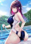  1girl ass back_cutout bangs bare_shoulders breasts clothing_cutout competition_swimsuit highres hose kaerunoashi large_breasts looking_at_viewer looking_back multicolored_hair one-piece_swimsuit original pink_hair pool poolside purple_hair shiny shiny_clothes sitting smile solo swimsuit 