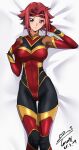  1girl absurdres ass_visible_through_thighs blue_eyes bodysuit breasts cleavage code_geass cowboy_shot dakimakura_(medium) dated flipped_hair front_zipper hair_intakes hairband highres kouzuki_kallen large_breasts looking_at_viewer mecha_pilot_suit multicolored_bodysuit navel open_bodysuit open_clothes red_hair red_hairband short_hair signature solo spiked_hair thigh_gap unzipped variant_set yoo_tenchi 