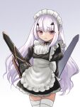  1girl alternate_costume apron bangs black_dress breasts brown_eyes dress enmaided fairy_knight_lancelot_(fate) fate/grand_order fate_(series) frills highres juliet_sleeves long_hair long_sleeves looking_at_viewer maid maid_headdress open_mouth puffy_sleeves sidelocks small_breasts solo sow_mhxx thighhighs thighs underbust waist_apron weapon white_apron white_hair white_legwear 