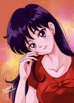  1girl absurdres bishoujo_senshi_sailor_moon collarbone commentary_request dated earrings head_tilt highres hino_rei jewelry long_hair looking_at_viewer purple_eyes purple_hair red_shirt sailor_moon_redraw_challenge shirt signature solo stud_earrings tsunemoku upper_body 