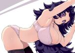  1girl @_@ breasts hex_maniac_(pokemon) huge_breasts lingerie long_hair messy_hair npc_trainer pokemon pokemon_(game) pokemon_xy purple_eyes solo thighhighs tottotonero underwear 