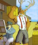 5:6 anthro antlers artist big_bulge big_penis blonde_hair blue_eyes bottomwear brown_body brown_fur bulge clothed clothed_male clothing deer detailed_bulge dockyard duo erection erection_under_clothing facial_hair flag fur genital_outline genitals goatee green_flag hair hat headgear headwear holding_object horn male male/male mammal mustelid new_world_deer otter painter pandottermon pants penis penis_outline reindeer shorts