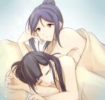  2girls black_hair breasts closed_eyes closed_mouth eyebrows_behind_hair ken_(kenta1922) kurosawa_dia love_live! love_live!_sunshine!! matsuura_kanan mole mole_under_mouth multiple_girls parted_lips purple_eyes purple_hair sleeping split_mouth under_covers yuri 