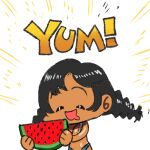  1girl arung_samudra_(cessa) bikini braid breasts cessa chibi cleavage closed_eyes dark-skinned_female dark_skin food fruit holding holding_food holding_fruit lowres ombok_diving_and_delivery_services open_mouth smile solo swimsuit twin_braids twintails watermelon white_background 