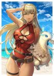  1girl absurdres alternate_costume bare_shoulders blonde_hair breasts cleavage commission commissioner_upload dark_skin fae_(fire_emblem) fire_emblem fire_emblem:_the_binding_blade highres holding holding_toy huge_filesize igrene_(fire_emblem) inflatable_toy iria_(yumeirokingyo) large_breasts long_hair looking_at_viewer mole mole_under_eye one-piece_swimsuit red_swimsuit skeb_commission swimsuit toy yellow_eyes 