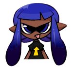  1girl arrow_(symbol) bangs black_shirt blue_eyes blue_hair blunt_bangs cropped_torso dark-skinned_female dark_skin flat_chest inkling long_hair looking_at_viewer pointy_ears shiny shiny_hair shirt short_sleeves simple_background solo splatoon_(series) straight-on tentacle_hair tentacles tongue tongue_out twintails upper_body vilepluff white_background 