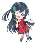  1girl asymmetrical_legwear bangs black_eyes black_hair boots flower grey_eyes hair_flower hair_ornament highres long_hair love_live! love_live!_nijigasaki_high_school_idol_club microphone off-shoulder_shirt off_shoulder one_eye_closed one_side_up pleated_skirt red_shirt red_skirt shirt side-tie_shirt skirt solo totoki86 yuuki_setsuna_(love_live!) 