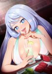  1girl alternate_costume areola_slip areolae bangs bar blue_eyes blurry blurry_background blurry_foreground blush boku_no_hero_academia breast_rest breasts chopsticks cleavage commentary cup dress drink drinking drinking_straw dutch_angle english_commentary eyelashes food hadou_nejire head_tilt heart heart-shaped_pupils holding holding_cup indoors large_breasts light_blue_hair lime_slice lips long_hair looking_at_viewer neocoill open_mouth patreon_username sleeveless sleeveless_dress smile solo swept_bangs symbol-shaped_pupils table tongue tongue_out upper_body web_address white_dress 