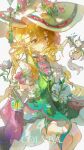  1girl blonde_hair character_request colyba copyright_request dragon dress earrings elf flower green_dress hat highres holding_vase jewelry long_hair pointy_ears sitting vase white_background white_dress yellow_eyes 