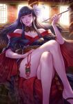  1girl artist_request black_hair crossed_legs expressionless final_fantasy final_fantasy_xiv flower green_eyes hair_flower hair_ornament highres hime_cut hyur indoors lips looking_at_viewer mole nariann pipe shoulders sitting smoke thighs yotsuyu_(ff14) 