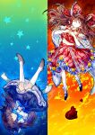  2girls alternate_color bell blue_bow blue_bowtie bow bowtie brown_hair brown_shoes chinese_commentary closed_eyes closed_mouth commentary_request detached_sleeves dual_persona embellished_costume frilled_bow frilled_hair_tubes frills hair_bow hair_tubes hakurei_reimu jingle_bell kneehighs long_hair midriff multiple_girls navel red_bow red_skirt sanuo shoes skirt skirt_set socks split_theme star_(symbol) touhou upside-down white_socks 