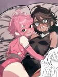  2girls absurdres ahoge bare_shoulders blush breasts brown_hair character_request dark-skinned_female dark_skin dual_persona elbow_gloves eye_mask from_side gloves grin hair_between_eyes highres hinamatsu_(86089979) leotard momijiyama_teru multiple_girls pink_gloves pink_hair pink_leotard short_hair shy_(character) shy_(series) small_breasts smile sweatdrop teeth 