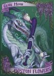  absurdres aqua_hair baseball_bat bat blaseball character_name cup dragon english_commentary extra_arms extra_eyes glabe_moon green_background green_eyes hat highres holding holding_baseball_bat horns lira_anubis no_humans sharp_teeth solo teacup teeth 