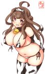  1girl ahoge alternate_costume animal_print arms_behind_back artist_logo bangs bell bikini breasts brown_hair cow_print cow_tail cowbell cowboy_shot dated double_bun elbow_gloves eyebrows_visible_through_hair gloves highres kanon_(kurogane_knights) kantai_collection kongou_(kancolle) large_breasts long_hair looking_at_viewer navel neck_bell one-hour_drawing_challenge open_mouth print_bikini print_gloves print_hairband print_legwear purple_eyes simple_background smile solo standing swimsuit tail thighhighs white_background 