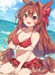  1girl animal_ears artist_name bare_arms bare_legs bare_shoulders barefoot bikini blush breasts brown_hair cleavage daiwa_scarlet_(umamusume) day eyebrows_visible_through_hair hair_between_eyes highres horse_ears horse_girl horse_tail large_breasts long_hair navel nut_megu ocean official_alternate_costume open_mouth red_bikini red_eyes signature solo swimsuit tail umamusume 