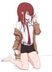  1girl barefoot belt black_shorts blue_eyes blush brown_hair dress_shirt eyebrows_visible_through_hair highres jacket kahlua_(artist) makise_kurisu necktie off_shoulder playing_with_own_hair red_neckwear shirt shorts simple_background solo steins;gate sweatdrop white_background white_shirt 