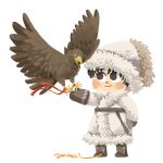  1boy artist_name bird black_boots black_eyes black_gloves black_hair boots chibi coat eagle falconry falconry_glove fur-trimmed_coat fur-trimmed_headwear fur_coat fur_trim gloves golden_eagle highres jerukecil karluk_eihon kazakh_clothes looking_at_another otoyomegatari signature white_background winter_clothes winter_coat winter_uniform 