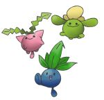  ._. animal_focus black_eyes closed_mouth floating full_body gen_1_pokemon gen_2_pokemon happy hoppip leaf no_humans oddish open_mouth pokemon pokemon_(creature) simple_background skiploom smile standing standing_on_one_leg vilepluff white_background 