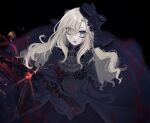  1girl absurdres balmung_kriemhild_(fate) black_dress black_flower black_gloves black_rose blood blood_on_clothes blood_on_face blood_on_weapon breasts capelet dress fate/grand_order fate_(series) flower funeral_dress gloves grey_eyes hat highres kriemhild_(fate) kriemhild_(first_ascension)_(fate) large_breasts long_hair long_sleeves looking_at_viewer mole mole_under_eye noa_pisces rose solo sword weapon white_hair 
