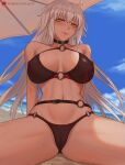  1girl ahoge artist_name bikini breasts buckle choker cloud covered_nipples cowboy_shot day english_commentary eyebrows_visible_through_hair fate/grand_order fate_(series) grey_hair hair_between_eyes jeanne_d&#039;arc_(alter_swimsuit_berserker)_(fate) jeanne_d&#039;arc_(fate)_(all) large_breasts long_hair looking_at_viewer lsls navel o-ring o-ring_bikini outdoors patreon_username sitting sky smile solo spread_legs swimsuit watermark web_address yellow_eyes 
