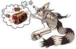 anthro brown_body brown_fur curled_up felid feline fetal_pose food fur grey_body grey_fur hair long_hair lying male mammal meat meat_on_bone on_side red_eyes simple_background solo tan_body tan_fur thinking thought_bubble white_background worm_(artist)