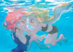  2girls agent_3_(splatoon) agent_8_(splatoon) barefoot bikini_shorts closed_eyes green_hair hands_on_another&#039;s_face highres inkling multiple_girls octoling one-piece_swimsuit pink_hair pointy_ears shorts splatoon_(series) sports_bikini squidbeak_splatoon suaiocin swimsuit tentacle_hair toes underwater yuri 