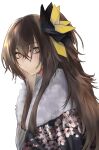  1girl brown_hair commentary commission eyebrows_visible_through_hair floral_print from_side fur_collar girls&#039;_frontline hair_between_eyes hair_ornament highres japanese_clothes kimono kojima_(blue_stardust) long_hair looking_at_viewer looking_to_the_side messy_hair official_alternate_costume one_side_up scar scar_across_eye skeb_commission smile solo ump45_(girls&#039;_frontline) upper_body white_background yellow_eyes 