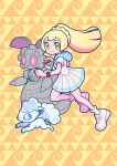  1girl alolan_vulpix bear_ringer blonde_hair bracelet closed_mouth commentary eyelashes floating_hair green_eyes highres holding holding_poke_ball jewelry lillie_(pokemon) long_hair looking_to_the_side magearna pleated_skirt poke_ball poke_ball_(basic) pokemon pokemon_(creature) pokemon_sm shirt shoes short_sleeves skirt smile socks two-tone_background white_shirt white_shoes white_skirt white_socks z-ring 