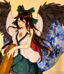  1girl absurdres arm_cannon bangs bird_wings black_wings blouse bow breasts brown_eyes brown_hair cape cleavage collared_blouse commentary_request control_rod cowboy_shot frilled_skirt frills green_bow green_skirt hair_bow highres hoshiringo0902 huge_filesize large_breasts long_hair looking_at_viewer open_mouth reiuji_utsuho shikishi simple_background skirt sleeveless sleeveless_blouse solo starry_sky_print third_eye touhou traditional_media watermark weapon web_address white_blouse white_cape wings yellow_background 