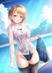  1girl ass_visible_through_thighs bangs black_legwear blonde_hair blue_eyes blue_skirt blue_swimsuit blush breasts clothes_pull collarbone competition_swimsuit cowboy_shot day dress_shirt groin hand_up highleg highleg_swimsuit highres holding holding_clothes holding_skirt long_hair looking_at_viewer medium_breasts one-piece_swimsuit original outdoors pantyhose pantyhose_pull parted_lips plaid plaid_skirt pleated_skirt pool poolside see-through shirt skirt skirt_removed smile solo standing starting_block sunlight swimsuit swimsuit_under_clothes undressing wet wet_clothes wet_shirt white_shirt yuurei_yashiki 