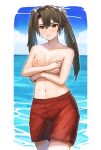  1girl blush breasts commentary covering covering_one_breast grey_hair hair_ribbon highres kantai_collection long_hair looking_at_viewer male_swimwear male_swimwear_challenge mikamata navel nipples ribbon small_breasts solo stomach swim_trunks topless twintails white_ribbon yellow_eyes zuikaku_(kancolle) 