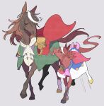  2girls adapted_costume aiguillette animalization ascot bow brown_hair cape capelet earrings epaulettes grey_background highres horse jewelry medal medium_request multicolored_hair multiple_girls no_humans red_cape red_capelet single_earring single_epaulette streaked_hair symboli_rudolf_(umamusume) tail tail_bow tail_ornament takatsuki_nato tokai_teio_(umamusume) tongue tongue_out two-tone_hair umamusume white_hair younger 