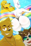 2023 4_fingers anthro bandage bandage_on_face bandage_on_nose big_butt big_pecs black_clothing black_nose black_thong black_underwear blonde_hair blue_eyes brown_body brown_fur brown_hair buckteeth bun-za_(footfoxxy) butt canid canine canis cheek_tuft chest_tuft chin_tuft clothed clothing collar domestic_dog english_description eyebrow_through_hair eyebrows facial_tuft femboy fingers food footfoxxy front_view fur group hair half-closed_eyes head_tuft hi_res holding_food holding_object holding_popsicle lagomorph leporid looking_back male mammal narrowed_eyes nick_(footfoxxy) open_mouth orange_eyes partially_submerged pecs pink_nose pool_toy popsicle purple_tail rabbit rabbit_ears raised_eyebrow rear_view scut_tail short_tail smile tail teeth thong thong_only topless topless_anthro topless_male translucent translucent_hair tuft underwear underwear_only water wearing_sunglasses white_body white_fur yellow_body yellow_fur
