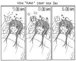  1girl =_= ahoge alarm_clock annoyed arm_up broken clock commentary drooling english_commentary futon greyscale guin_guin kako_(kancolle) kantai_collection long_hair monochrome open_mouth sleeping smile solo trembling truth upper_body zzz 