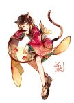  1girl :3 akagi_shun animal_ears bangs black_hair blunt_bangs cat_ears cat_tail dress fish full_body goldfish japanese_clothes kimono original platform_footwear red_eyes red_kimono sandals sash short_hair solo standing tail water white_background 