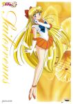 1990s_(style) 1girl aino_minako back_bow bangs bishoujo_senshi_sailor_moon blonde_hair blue_bow blue_eyes bow character_name choker circlet company_name copyright_name elbow_gloves eyebrows_visible_through_hair full_body gloves hair_bow hair_twirling hand_up high_heels highres inner_senshi leotard logo long_hair looking_at_viewer magical_girl miniskirt musical_note non-web_source official_art orange_choker orange_footwear orange_sailor_collar orange_skirt pleated_skirt poster_(medium) red_bow retro_artstyle sailor_collar sailor_senshi sailor_senshi_uniform sailor_venus shiny shiny_hair short_sleeves skirt smile solo standing strappy_heels striped tiara vertical_stripes very_long_hair white_gloves white_leotard yellow_bow 