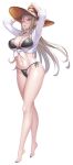  1girl barefoot bikini black_bikini black_nails breasts chevalier_(taimanin) commentary_request front-tie_top hands_on_headwear hat highres long_hair looking_at_viewer nobushito official_art pointy_ears red_eyes second-party_source shirt side-tie_bikini_bottom sun_hat swimsuit taimanin_(series) taimanin_rpgx white_background white_hair white_shirt 