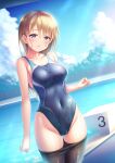  1girl ass_visible_through_thighs bangs black_legwear blonde_hair blue_eyes blue_swimsuit blush breasts clothes_pull collarbone competition_swimsuit covered_navel cowboy_shot day groin hand_up highleg highleg_swimsuit highres long_hair looking_at_viewer medium_breasts one-piece_swimsuit original outdoors pantyhose pantyhose_pull parted_lips pool poolside shiny shiny_clothes smile solo standing starting_block sunlight swimsuit taut_clothes taut_swimsuit wet yuurei_yashiki 