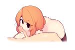  1boy 1girl ass black_eyes black_legwear commentary english_commentary erection fizintine heart hetero kissing_penis looking_at_viewer luna_(fizintine) no_pupils nude oral orange_hair original penis simple_background solo_focus thighhighs white_background 