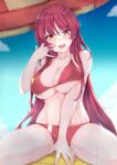  1girl :d bangs beach_umbrella bikini blush breasts cleavage collarbone hand_on_own_face heterochromia hololive houshou_marine large_breasts long_hair looking_at_viewer open_mouth red_bikini red_eyes shu-ten sky smile solo swimsuit umbrella virtual_youtuber wet yellow_eyes 
