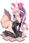  1girl absurdres animal_ear_fluff animal_ears black_bodysuit blush bodysuit breasts center_opening cleavage collarbone elbow_gloves fate/grand_order fate_(series) fox_ears fox_girl fox_tail glasses gloves high_heels highres kneeling konishi_(565112307) koyanskaya_(fate) large_breasts long_hair looking_at_viewer open_mouth pink_hair ponytail side_ponytail simple_background solo tail tamamo_(fate) very_long_hair white-framed_eyewear white_background yellow_eyes 